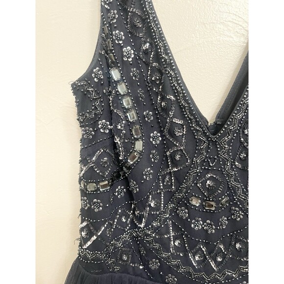 $495 AIDAN MATTOX Navy Embellished Beaded Tulle Formal Dress Gown Size 6 M3020 - Picture 4 of 15